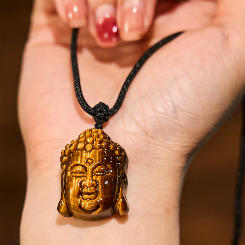 Collier pendentif courage tête de Bouddha œil de tigre