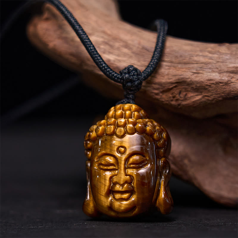Collier pendentif courage tête de Bouddha œil de tigre