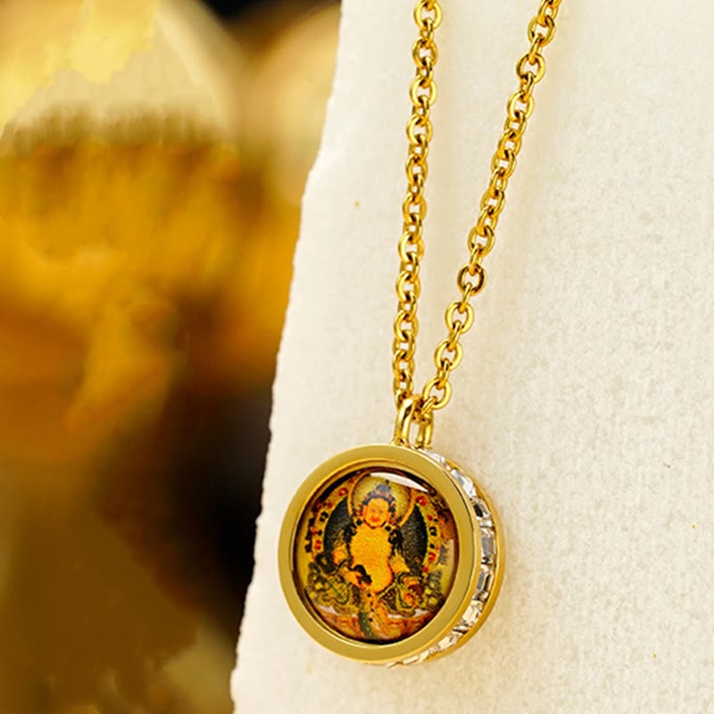 Collier Bouddha en acier titane | Tara verte et symbole du Dieu de la richesse