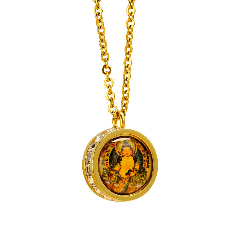 Collier Bouddha en acier titane | Tara verte et symbole du Dieu de la richesse