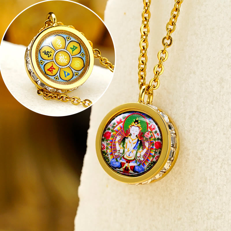 Collier Bouddha en acier titane | Tara verte et symbole du Dieu de la richesse
