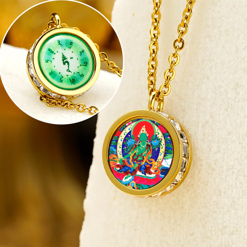 Collier Bouddha en acier titane | Tara verte et symbole du Dieu de la richesse