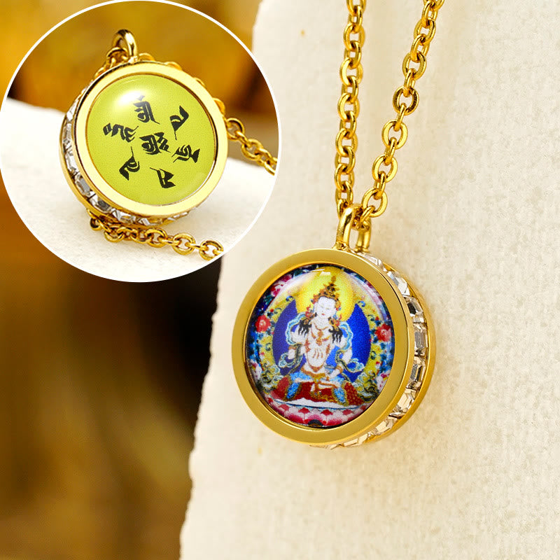 Collier Bouddha en acier titane | Tara verte et symbole du Dieu de la richesse
