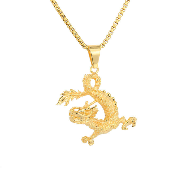 Collier dragon en acier titane | Pendentif porte-bonheur