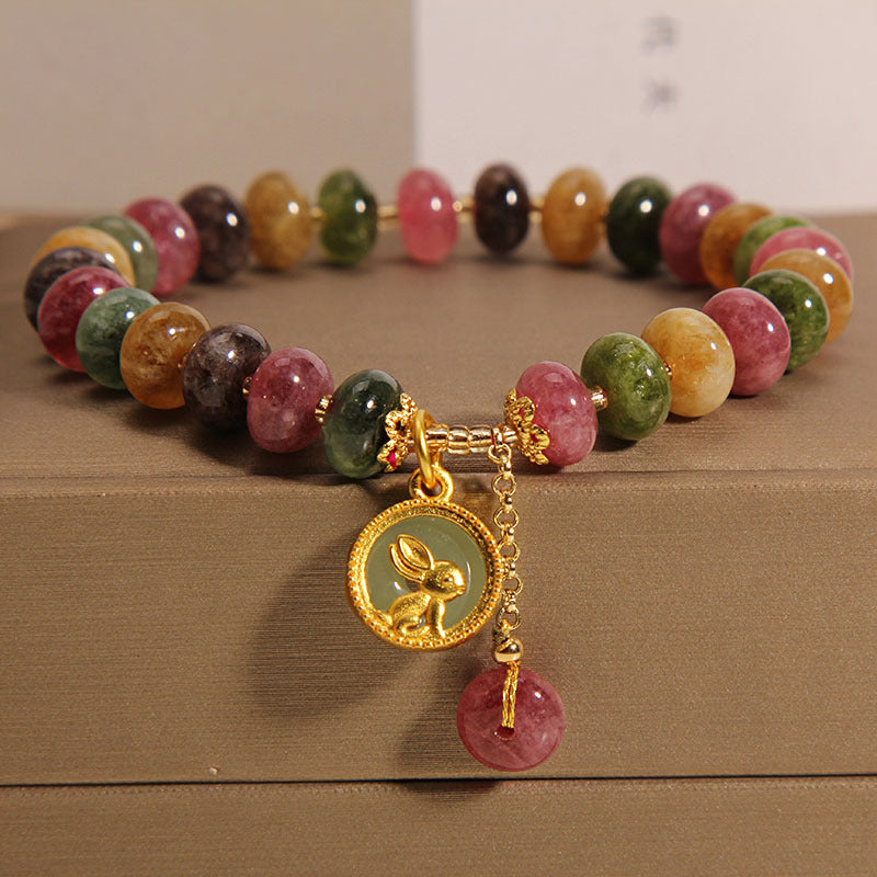 Bracelet à breloques lapin positif en tourmaline pour poignet de 14 à 16 cm