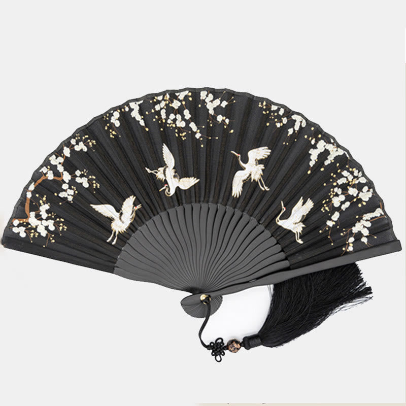 Éventail traditionnel en soie avec grue en fleurs de prunier noir 18 cm