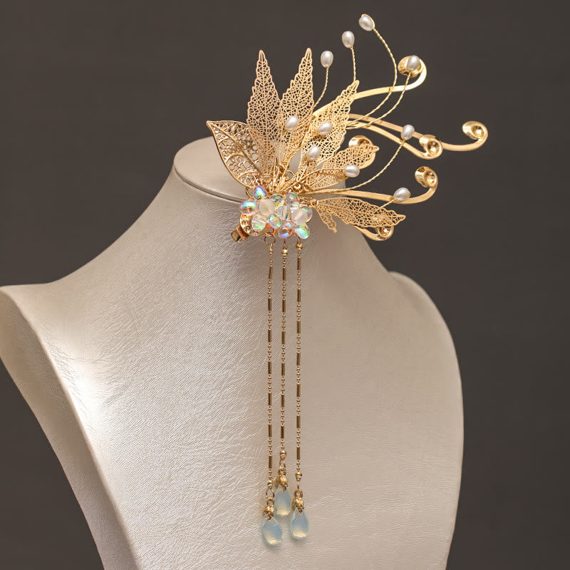 Pince à cheveux traditionnelle chinoise à pompon et fleur en feuille d'or