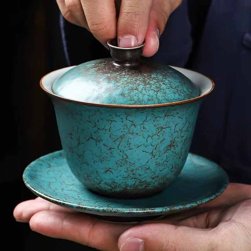 Tasse à thé traditionnelle Gaiwan en céramique verte motif pin | 150 ml | Décor zen