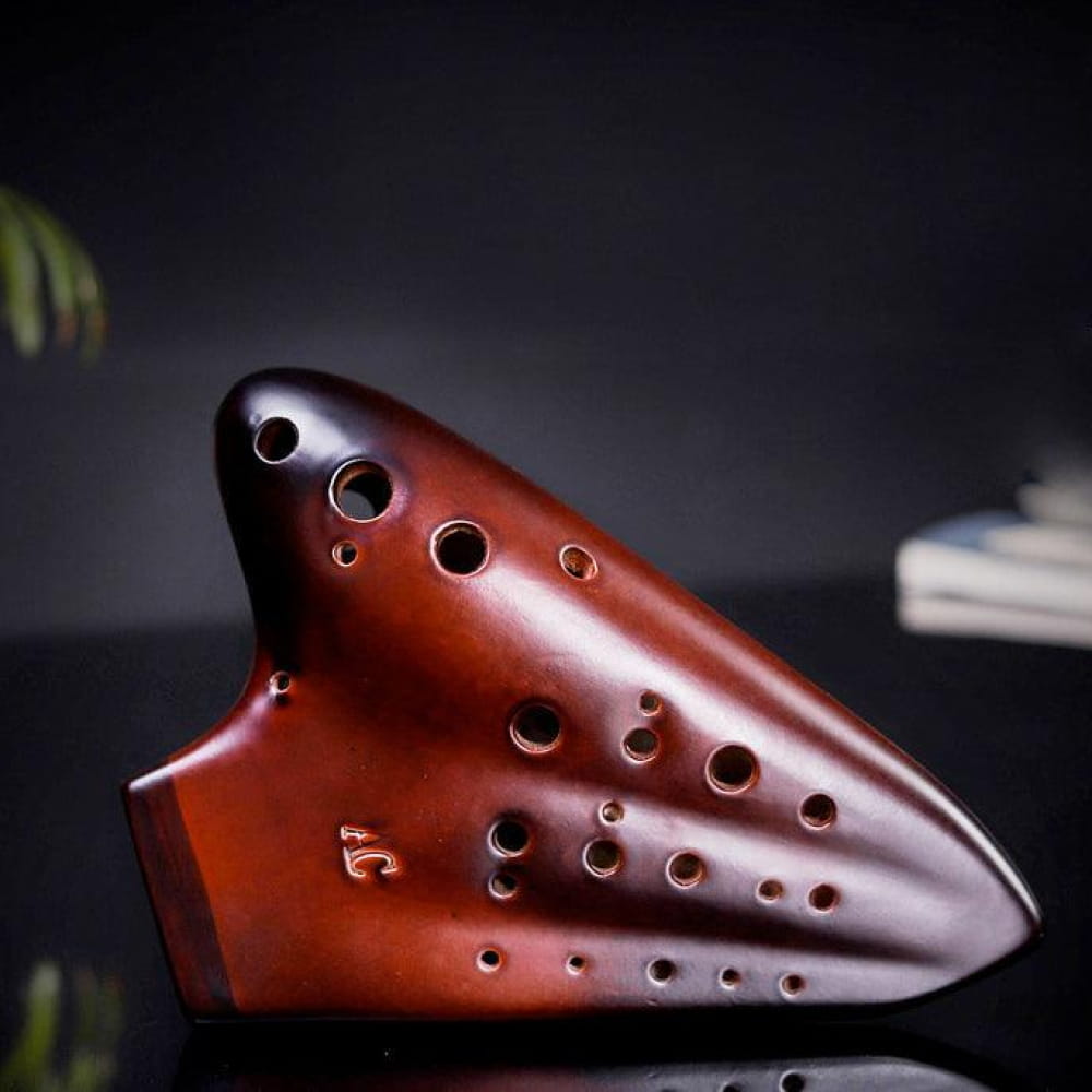 Reddish-brown ceramic Triple Chamber AC Tone Ocarina Flute with finger holes