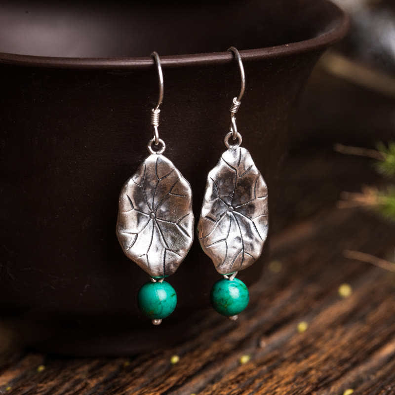Boucles d'oreilles pendantes en feuille de lotus turquoise | Protection en argent 925