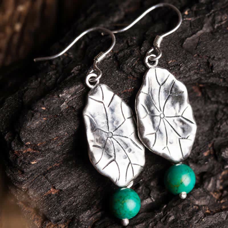 Boucles d'oreilles pendantes en feuille de lotus turquoise | Protection en argent 925
