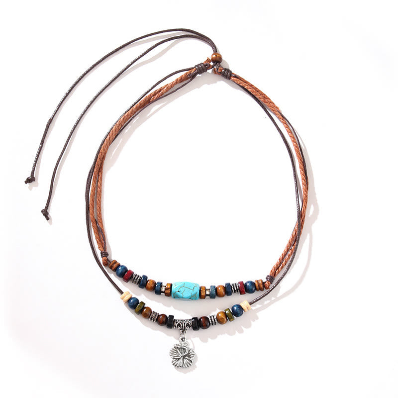 Collier et bracelet de protection double couche à petites fleurs turquoise