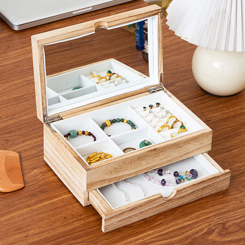 Coffret à bijoux en bois beige à deux niveaux avec miroir | Spiritual Home Accents