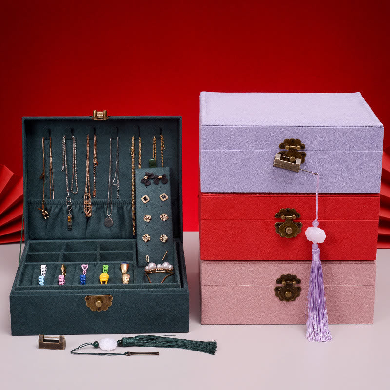 Coffret à bijoux en flanelle à deux niveaux avec serrure pour une décoration zen
