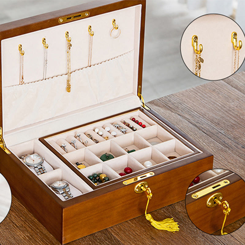 Coffret à bijoux en bois massif à deux niveaux | Rangement spirituel vintage