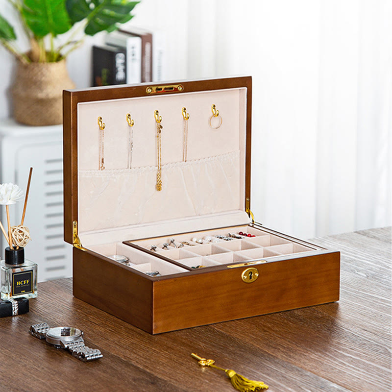 Coffret à bijoux en bois massif à deux niveaux | Rangement spirituel vintage