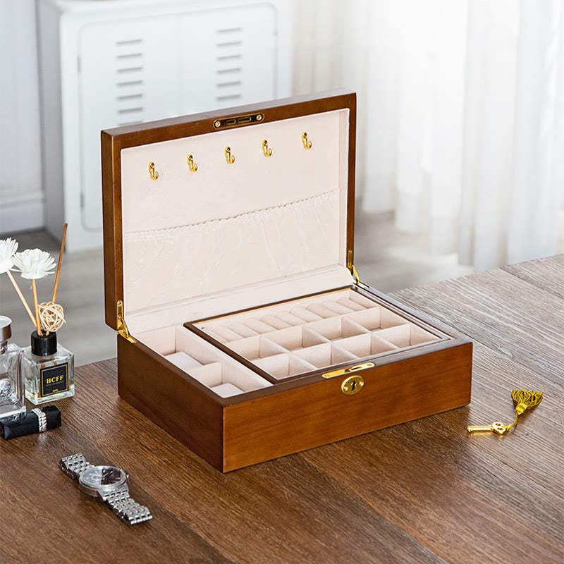 Coffret à bijoux en bois massif à deux niveaux | Rangement spirituel vintage