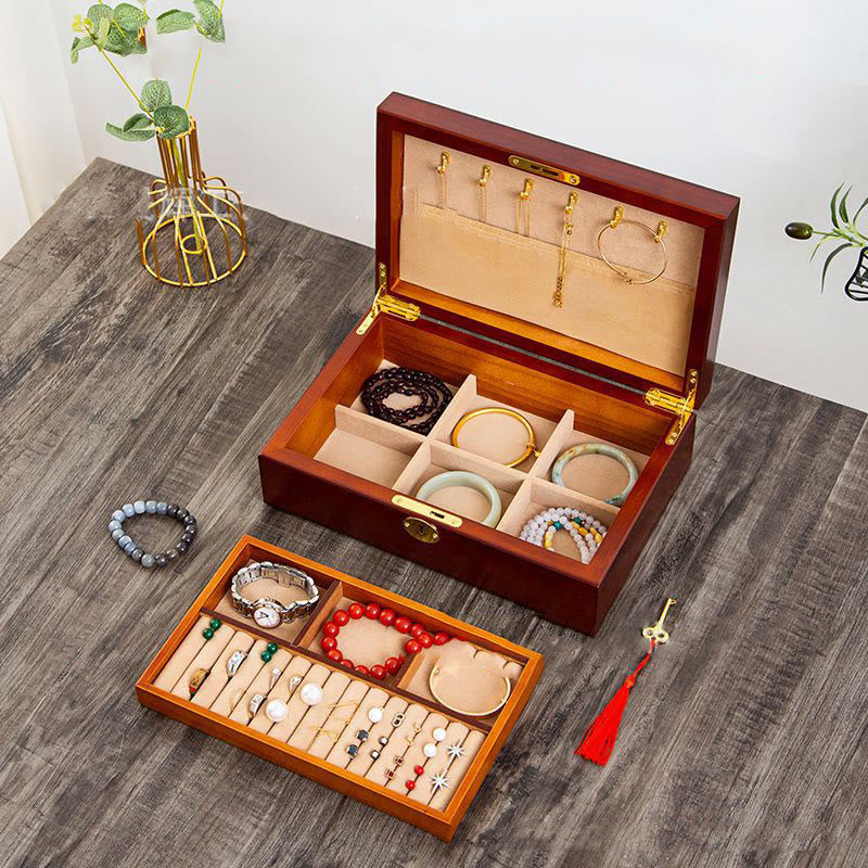 Coffret à bijoux en bois massif à deux niveaux | Rangement spirituel vintage