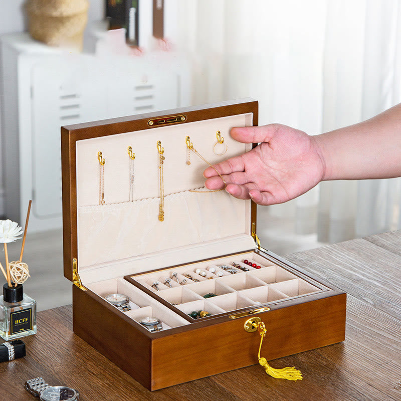 Coffret à bijoux en bois massif à deux niveaux | Rangement spirituel vintage