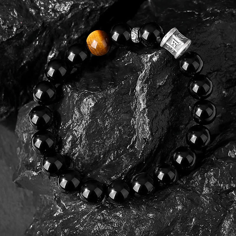 Bracelet unisexe en obsidienne noire 10 mm Om Mani Padme Hum