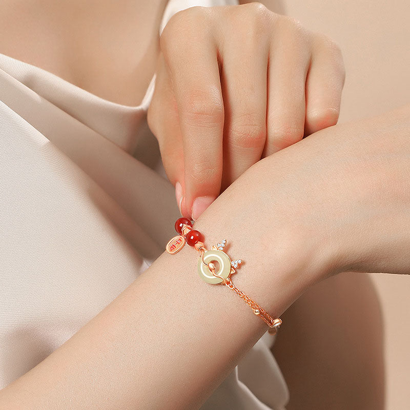 Bracelet unisexe en argent sterling 925 avec dragon, agate rouge et jade Hetian