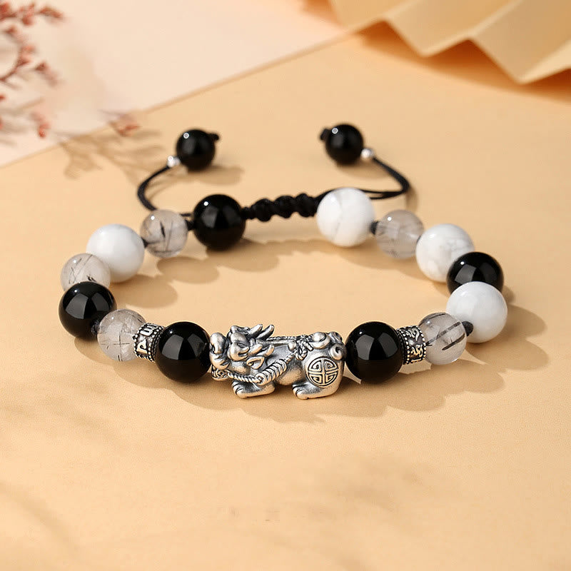 Bracelet unisexe en argent sterling 999 et obsidienne noire pour la chance