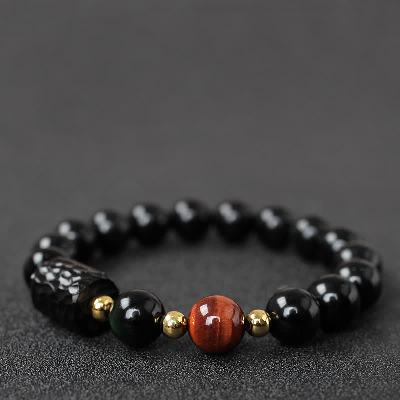 Bracelet unisexe en obsidienne noire et œil de tigre rouge 8 mm