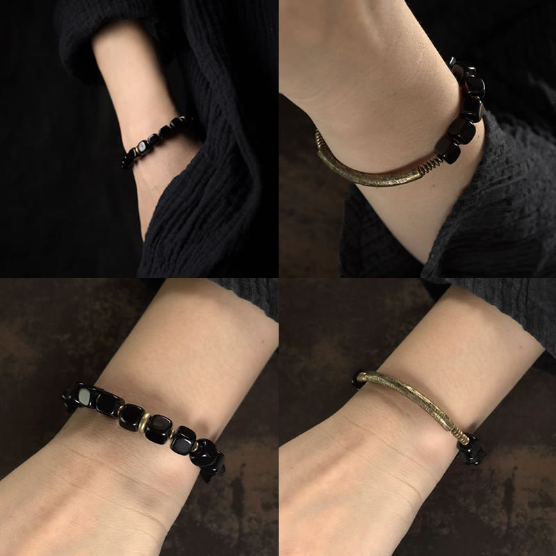 Bracelet unisexe en obsidienne noire et cuivre