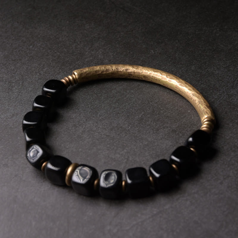 Bracelet unisexe en obsidienne noire et cuivre