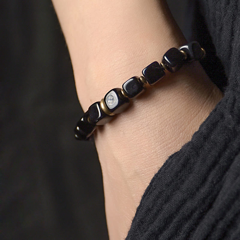 Bracelet unisexe en obsidienne noire et cuivre