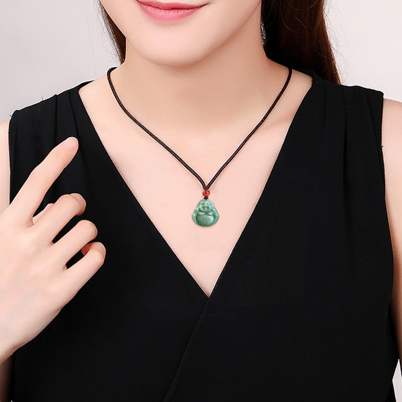 Collier unisexe en jade cyan avec pendentif symbole Bouddha