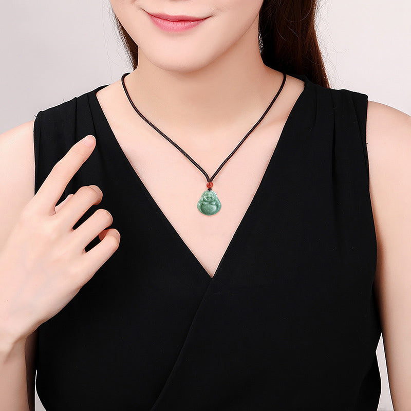 Collier unisexe en jade cyan avec pendentif symbole Bouddha