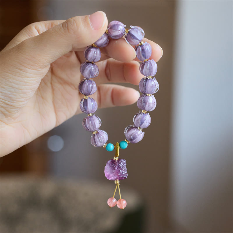 Bracelet unisexe en fluorite avec perles en verre Liuli et breloque lion dansant