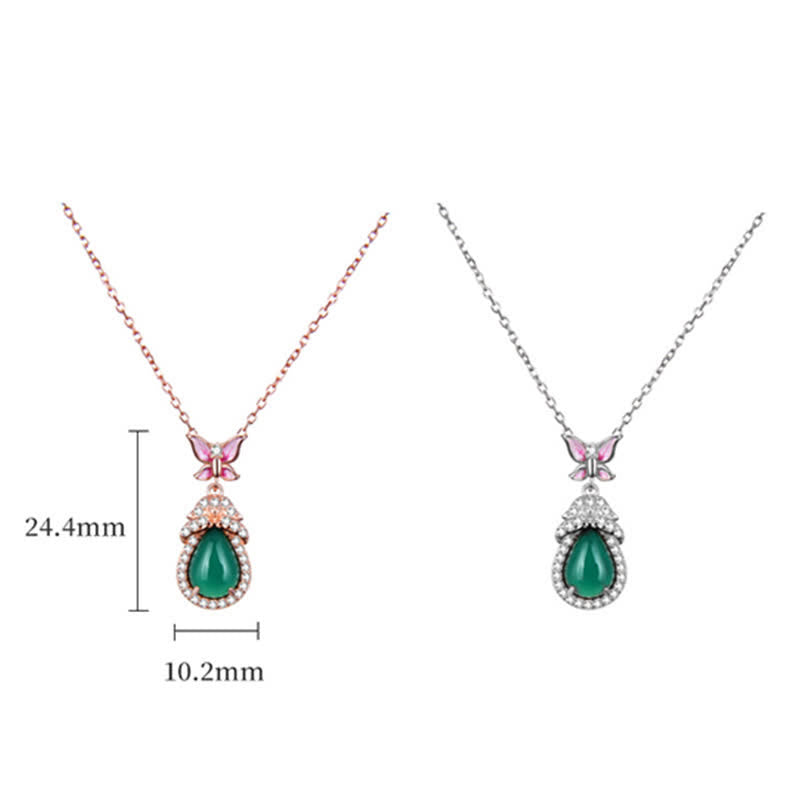 Collier unisexe Courage en calcédoine verte et papillon en argent ou or rose