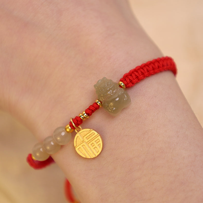 Bracelet unisexe en jade Hetian avec le symbole Fu pour la chance