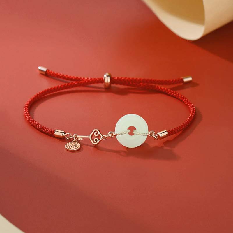 Bracelet unisexe en jade Hetian avec boucle de paix et cordon rouge