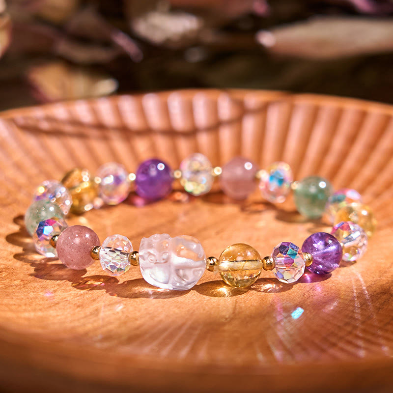 Bracelet porte-bonheur unisexe Pixiu avec citrine et améthyste en cristal blanc