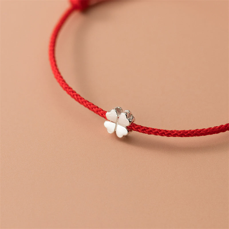 Bracelet unisexe en argent 925 avec fil rouge et trèfle à quatre feuilles