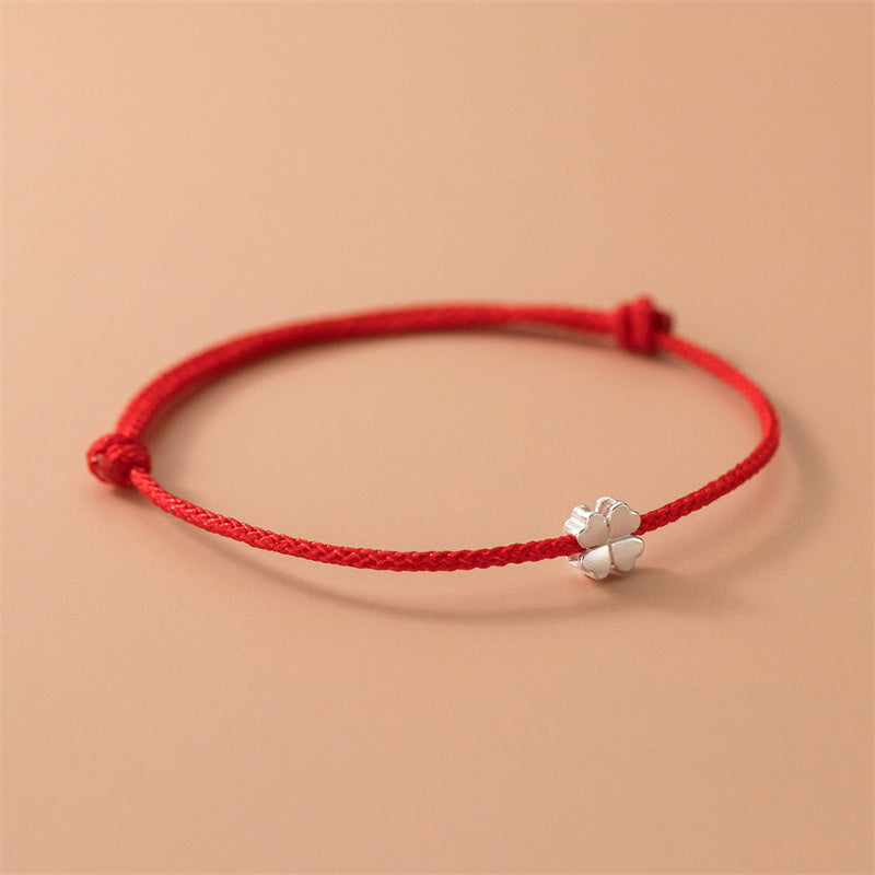 Bracelet unisexe en argent 925 avec fil rouge et trèfle à quatre feuilles