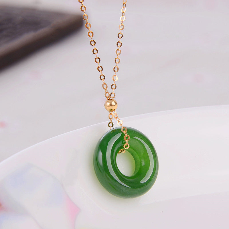 Collier de guérison unisexe rond en jade cyan avec pendentif en or 14 carats