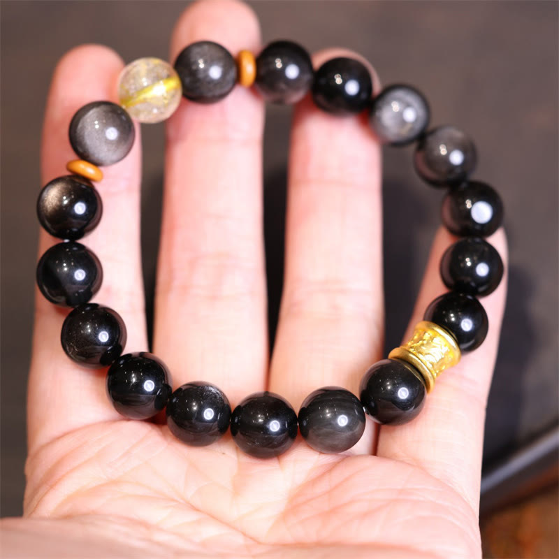Bracelet unisexe de protection Om Mani Padme en obsidienne argentée brillante