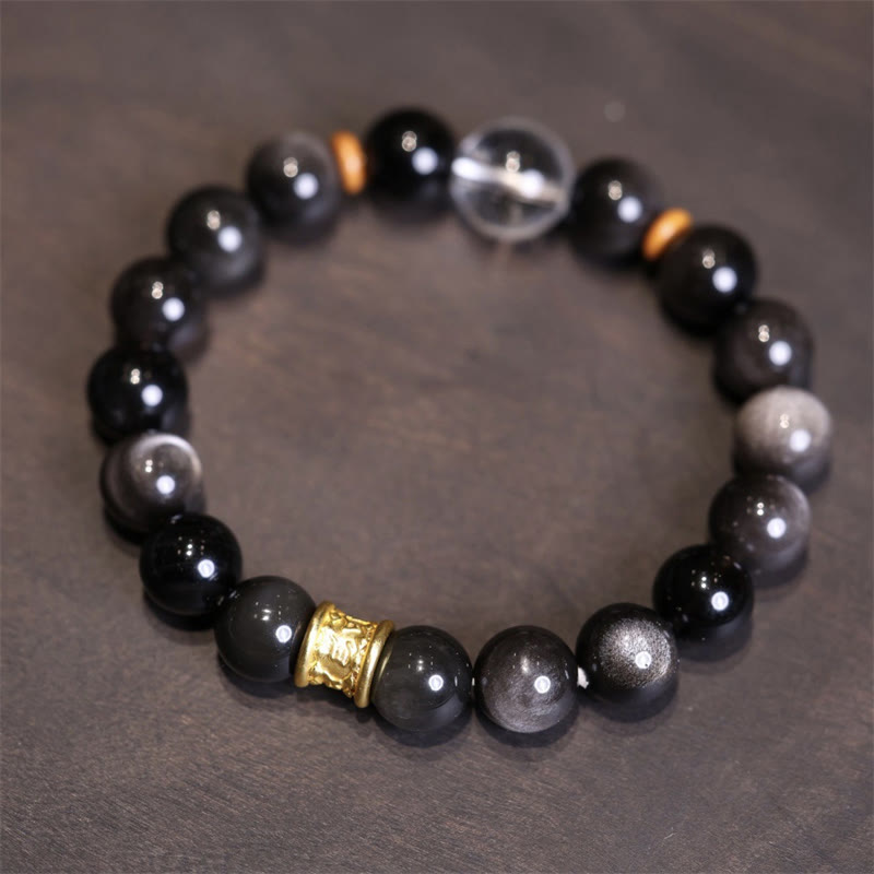 Bracelet unisexe de protection Om Mani Padme en obsidienne argentée brillante