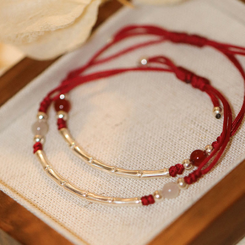 Bracelet de protection unisexe en argent sterling et bambou avec fil rouge et agate