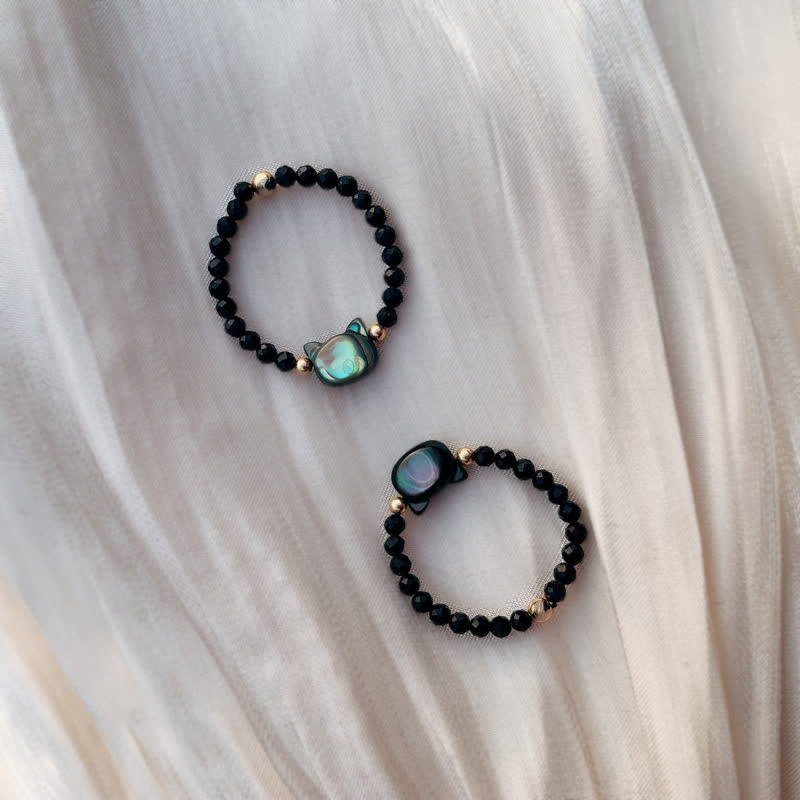 Bague spirituelle unisexe en or 14 carats avec pierre Tridacna et chat