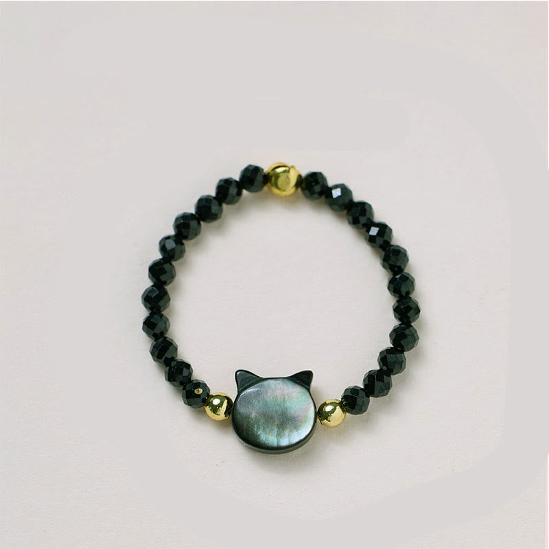 Bague spirituelle unisexe en or 14 carats avec pierre Tridacna et chat