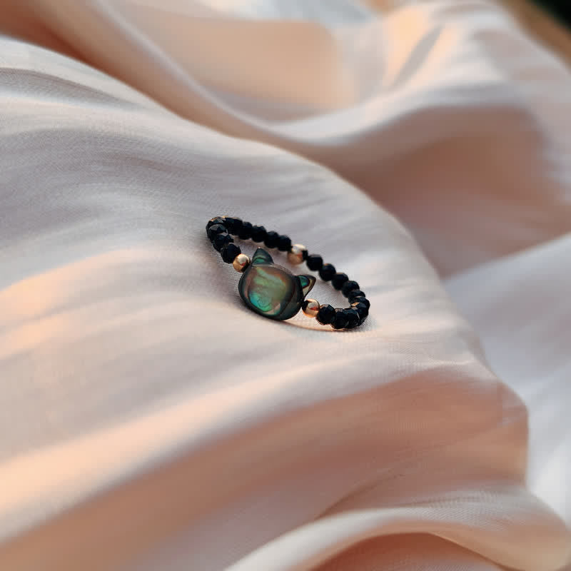 Bague spirituelle unisexe en or 14 carats avec pierre Tridacna et chat