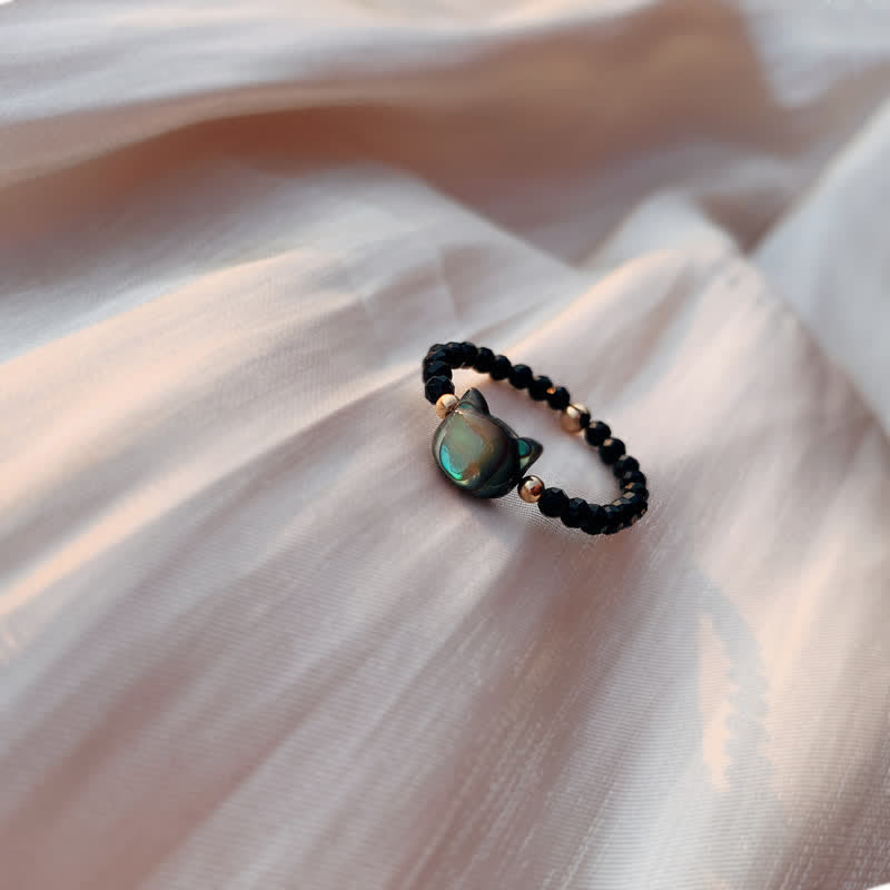Bague spirituelle unisexe en or 14 carats avec pierre Tridacna et chat