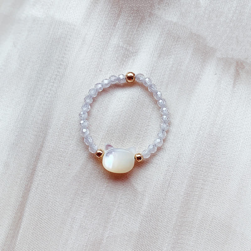 Bague spirituelle unisexe en or 14 carats avec pierre Tridacna et chat