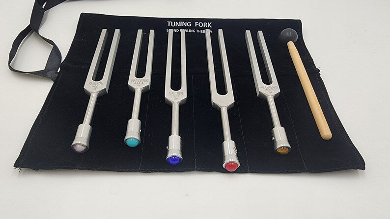 Set of tuning forks with colored tips in black case for Unweighted Sharp Tuning Fork Set