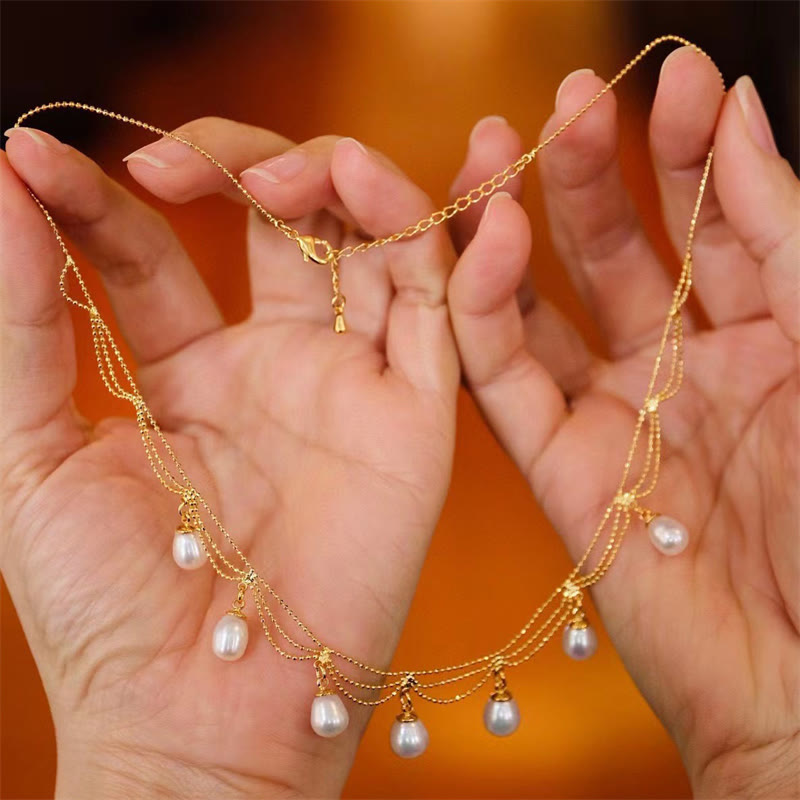 Collier multicouche vintage en perles de guérison plaqué or 14 carats